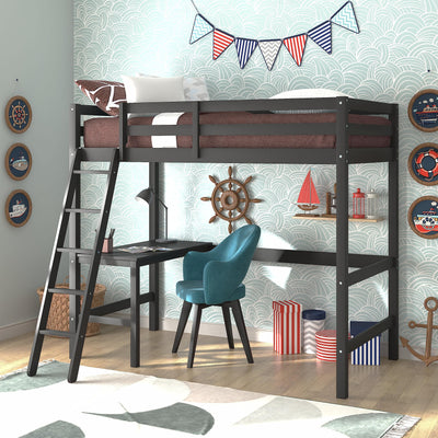 Hillsdale Caspian Black Solid Wood Twin Loft Bed with Built-In Desk for Kids