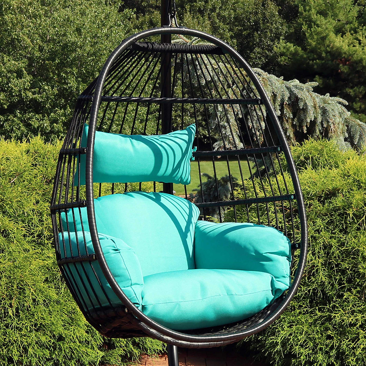 Sunnydaze Dalia Black Steel and Polyethylene Wicker Hanging Egg Chair with Teal Polyester Seat Cushions - 45-Inch Tall Sunnydaze