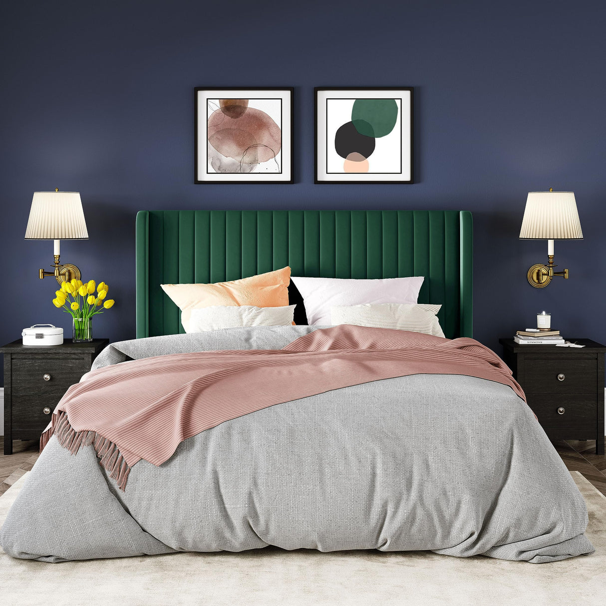 Allewie Queen Size Bed Frame/Velvet Upholstered Platform Bed/Vertical Channel Tufted Wingback Headboard/Strong Wooden Slats/No Box Spring Needed/Easy Assembly/Green Allewie