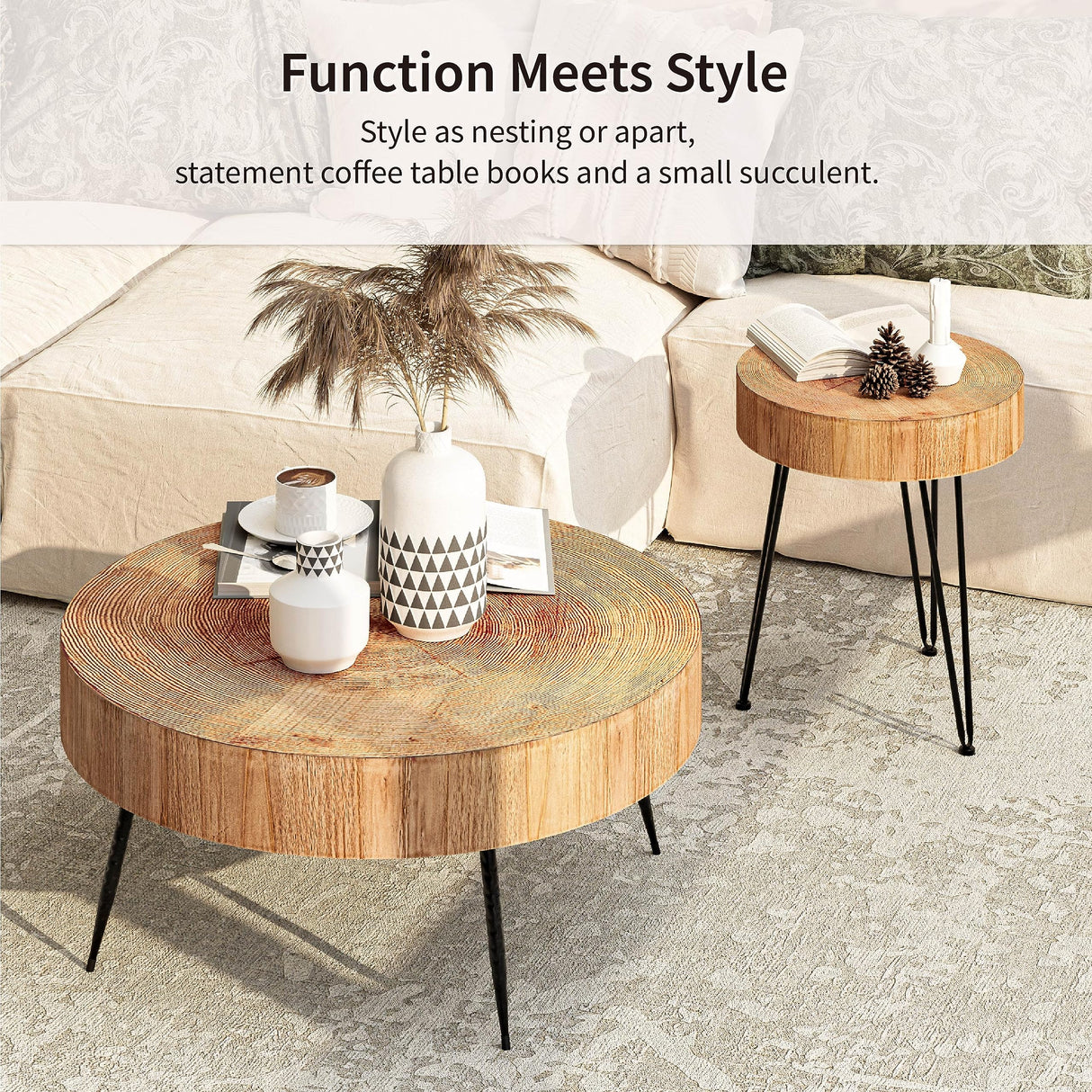 COZAYH 2-Piece Modern Farmhouse Living Room Coffee Table Set, Nesting Table Round Natural Finish with Handcrafted Wood Ring Motif, Light Red + Wood Color COZAYH