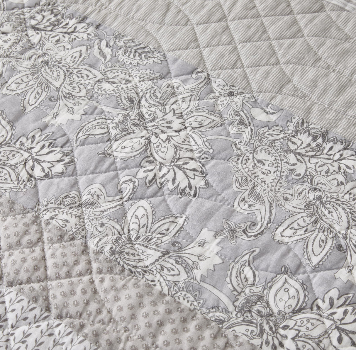 Chezmoi Collection Robyn 3-Piece Neutral Taupe Gray White Floral Hibiscus Flower Patchwork Striped Quilt Set - Pre-Washed Cotton Coverlet - Lightweight Reversible Bedspread, King Size Chezmoi Collection