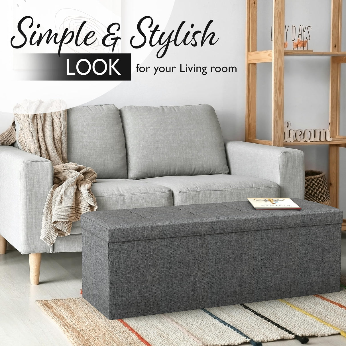 43" Folding Storage Ottoman Bench for Living Room, Bedroom, TV Entertainment - Bedroom Bench with Hidden Storage, Foot Rest Stool - 660 Capacity & Holds up to 5.6 Cubic Feet of Storage - DARK GREY Lifetime Home