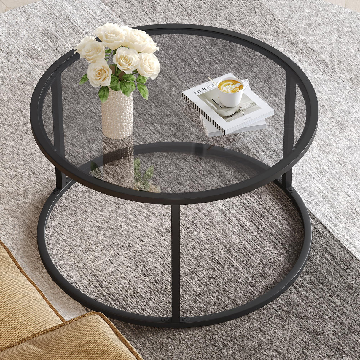 SAYGOER Round Coffee Table Glass Coffee Tables for Small Space Simple Modern Center Table for Living Room Home Office, Sofa Side Table with Metal Steel Frame, Easy Assembly, Gray Black SAYGOER