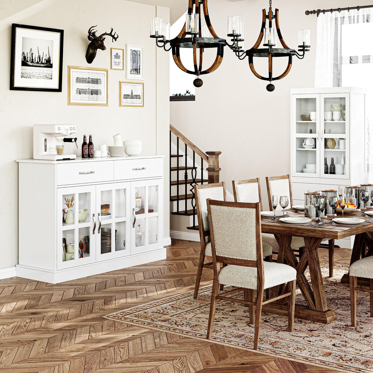 FOTOSOK Sideboard Buffet Cabinet with Glass Doors, Buffet Sideboard Kitchen Sideboard Cabinet Buffet Table with 2 Storage Drawers & Shelves for Dining Living Room, White FOTOSOK
