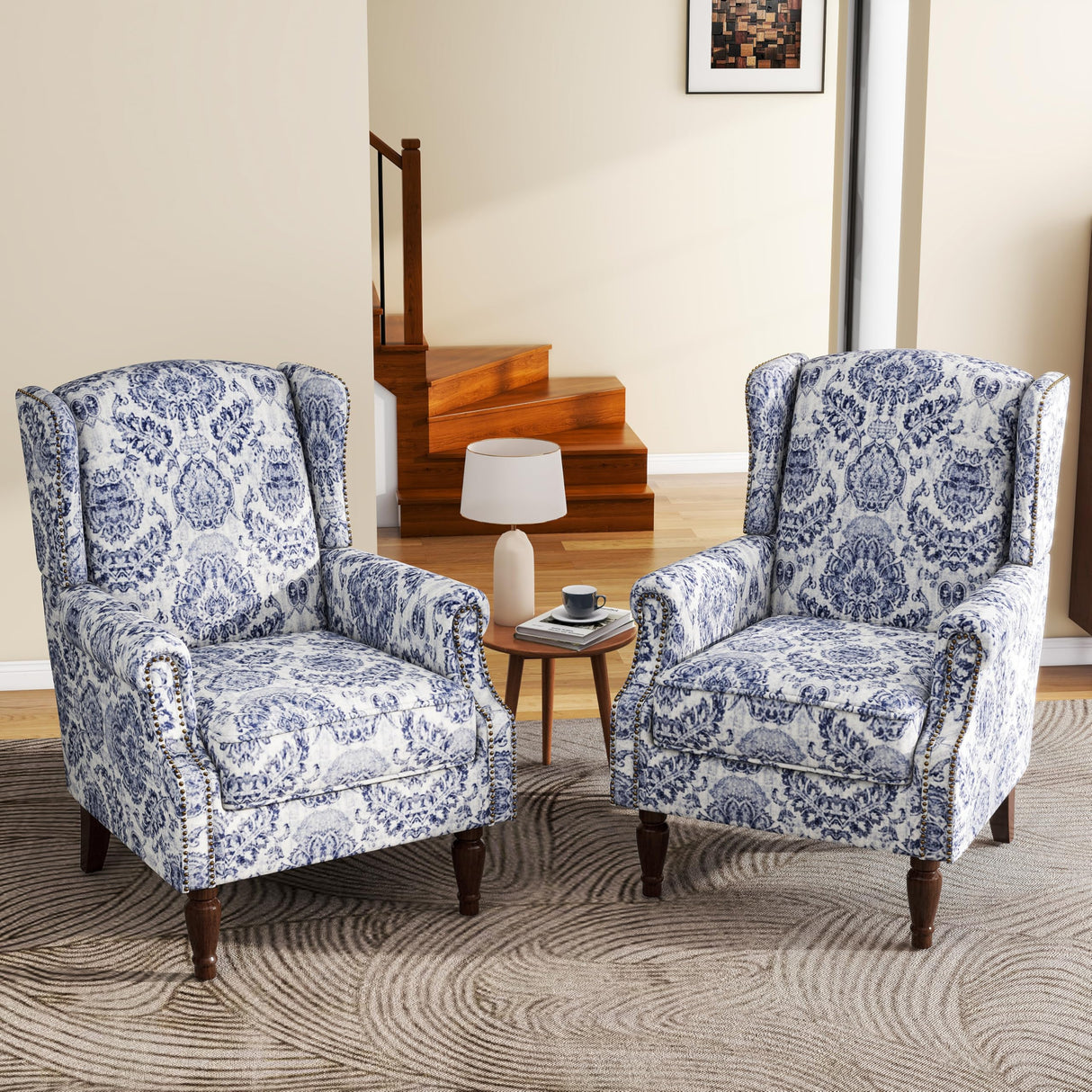 UIXE High Back Floral Accent Chairs Set of 2, Upholstered Armchair in Fabric, Retro Printed Wingback Arm Chair for Living Room, Nailhead Trim Single Sofa Bedroom Reading Seat - Navy Blue UIXE