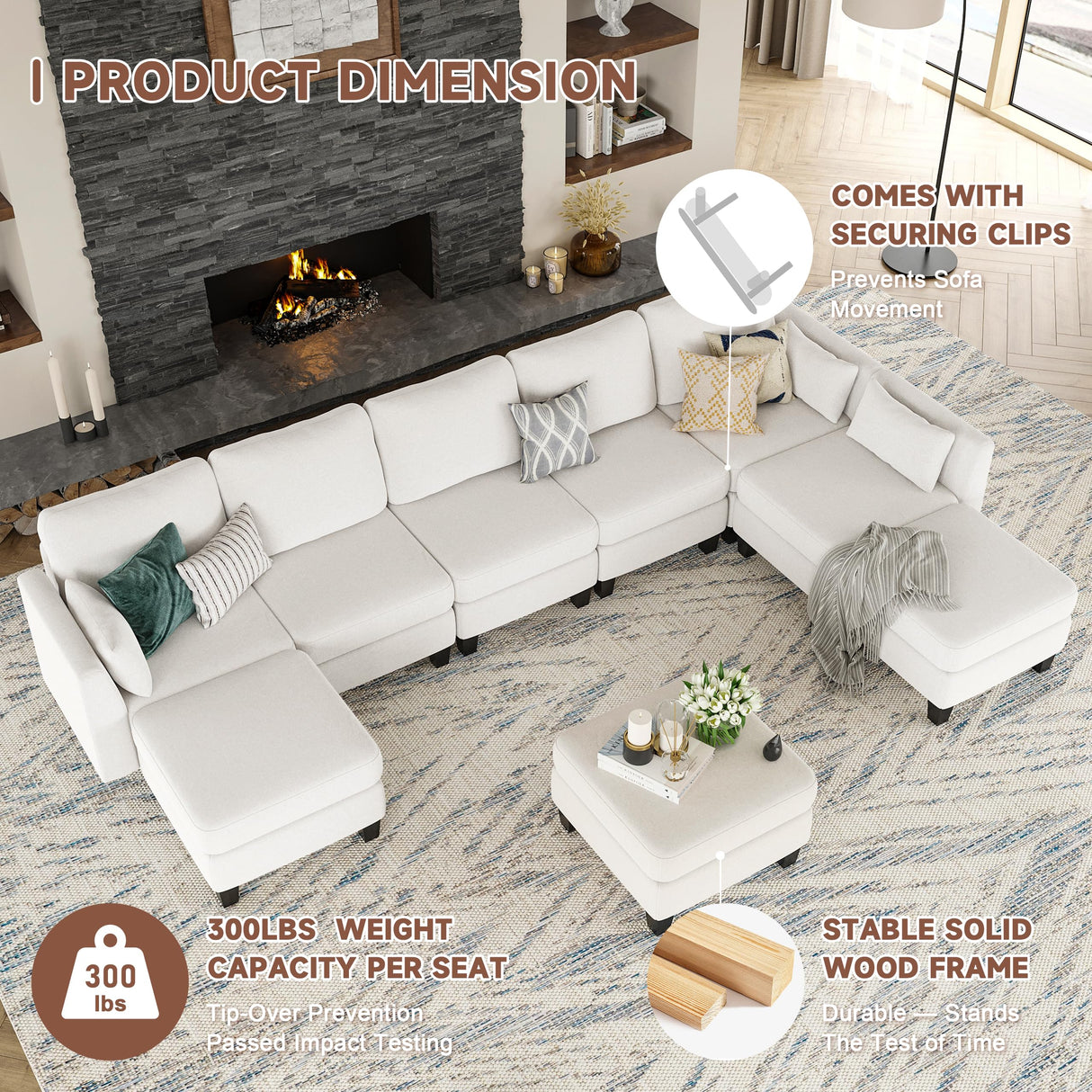 Huatean Home Modular Sectional Sofa, Convertible U Shaped Sofa Couch with High Density Memory Foam, 6 Seat Comfy Modular Sofa Couch for Living Room, Modern U Shaped Sectional Sofa, White Huatean Home