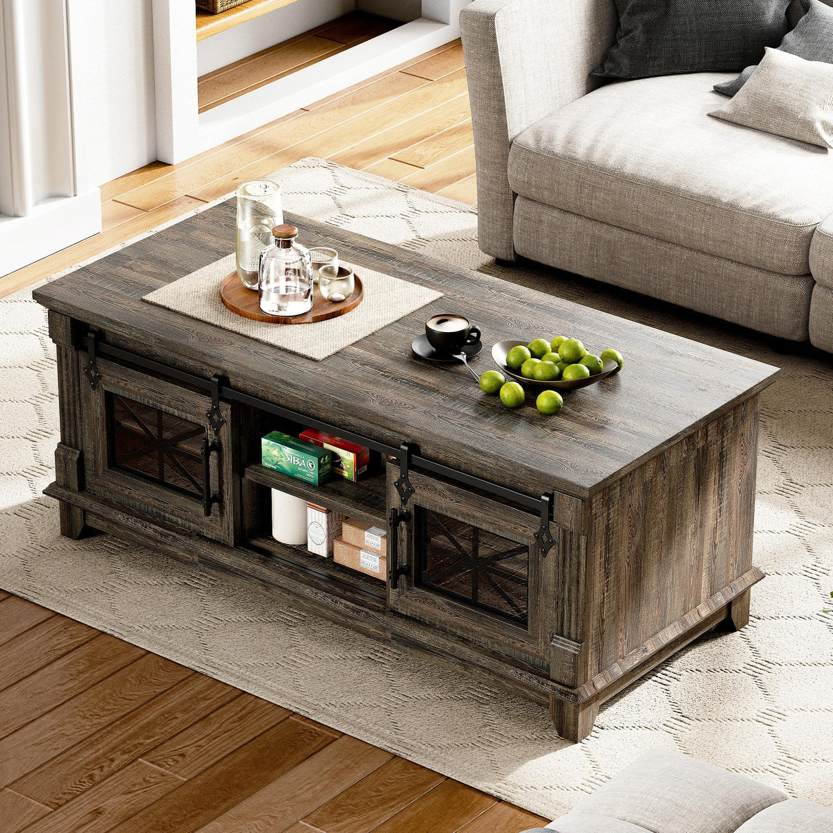 IRONCK 48'' Coffee Table with Sliding Barn Doors, Rustic Center Table with 6 Large Storage Space, Glass Doors and Adjustable Middle Shelf, Farmhouse Coffee Tables for Living Room, Meeting Room IRONCK