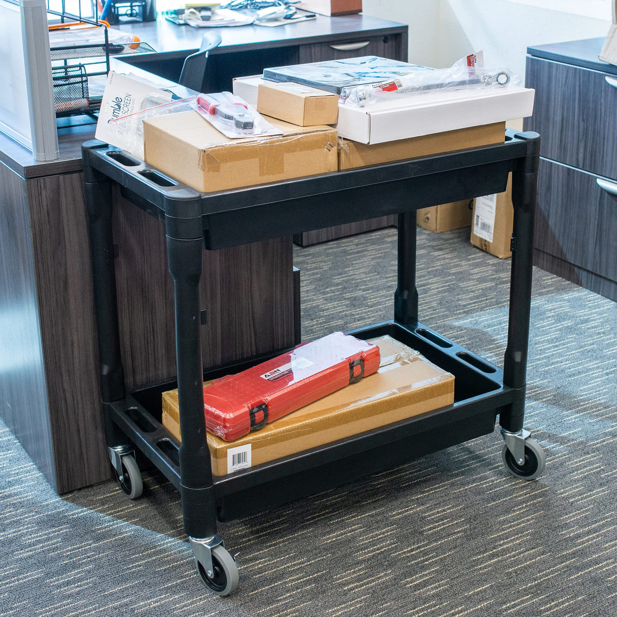 BISupply Plastic Utility Cart on Wheels 1 Pack - 2 Shelf Rolling Commercial Work Cart for Garage, Restaurant, or Classroom BISupply