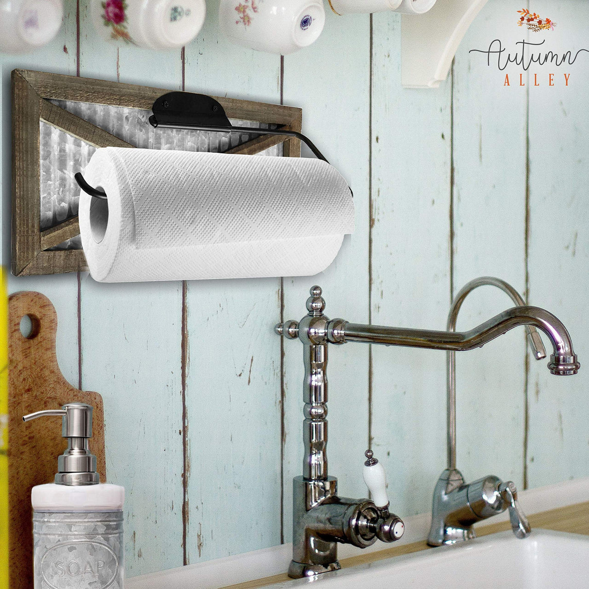 Autumn Alley Rustic Farmhouse Paper Towel Holder Wall Mount - Country Home Decor Rustic Farmhouse for Kitchen - Wood and Galvanized Kitchen Decor - Farmhouse Kitchen Wall Decor Autumn Alley