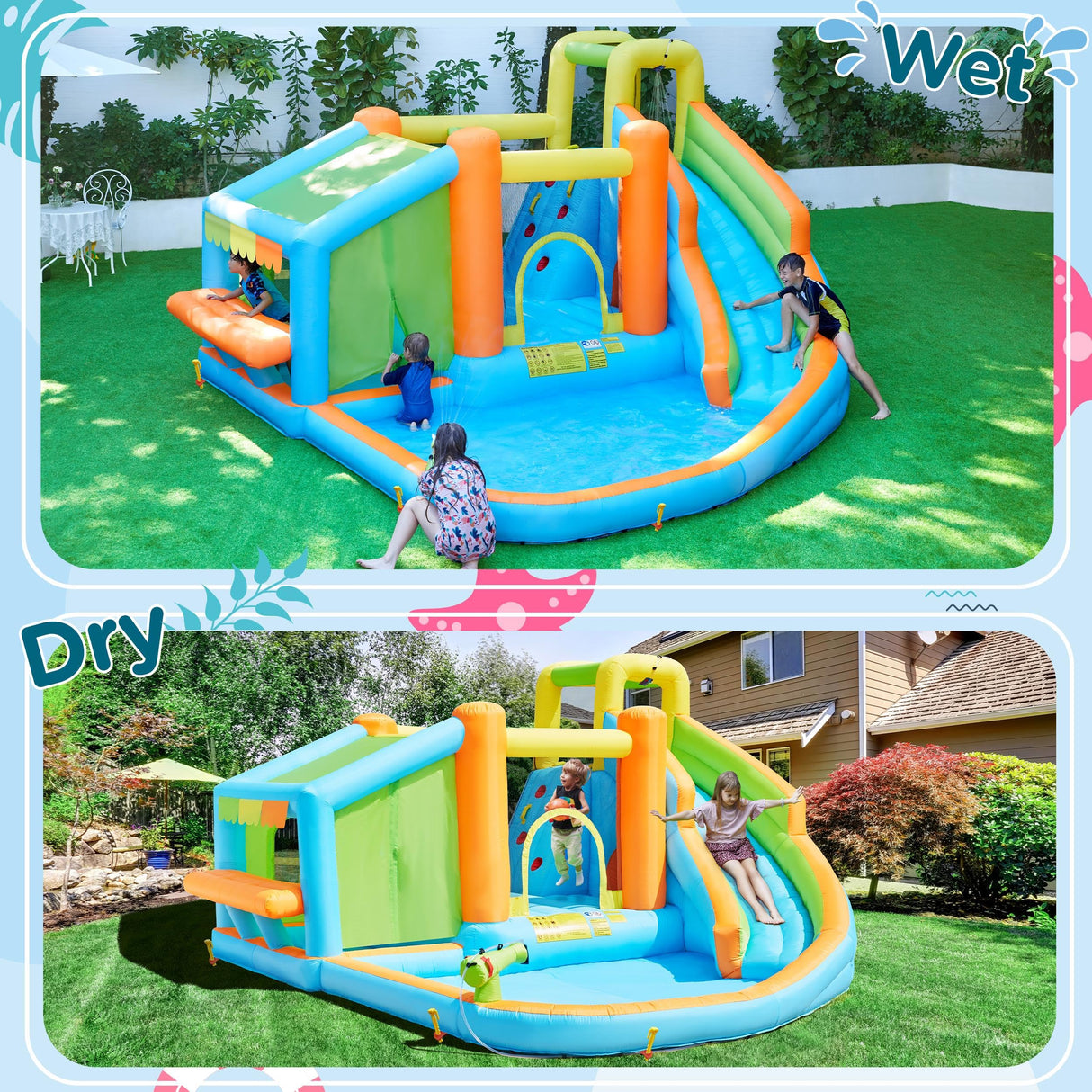 Yaheetech Inflatable Bounce House, Water Bouncer Castle for Kids Aged 3-10 W/Splash Pool, Toy Market Stand, Bouncer Area, Slide, Climbing Wall, Storage Bag, 520W Blower for Outdoor Backyard Yaheetech