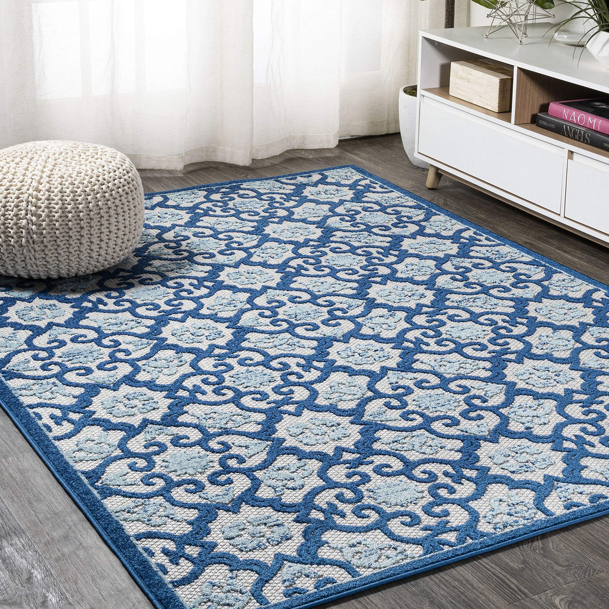 JONATHAN Y Tile Trellis Indoor Outdoor Area Rug 3X5 Light Gray/Blue, Gallia High-Low for Backyard, Patio, Porch, Easy-Cleaning, High Traffic, Pet-Friendly, Non-Shedding (AMC107B-3) JONATHAN Y