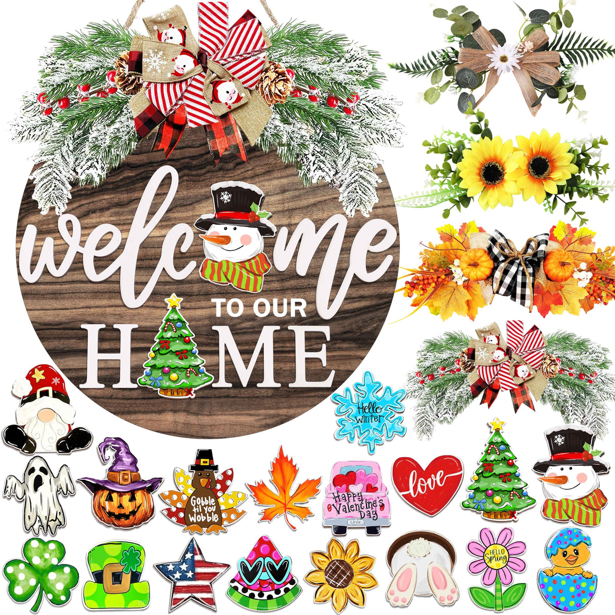 Interchangeable Welcome Sign for Front Door with 4 Seasonal Wreaths and 21 Changeable Icons, Farmhouse Rustic Outdoor Welcome Signs Porch, Holiday Spring Summer Winter Fall Decorations for Home Gifts OWUH