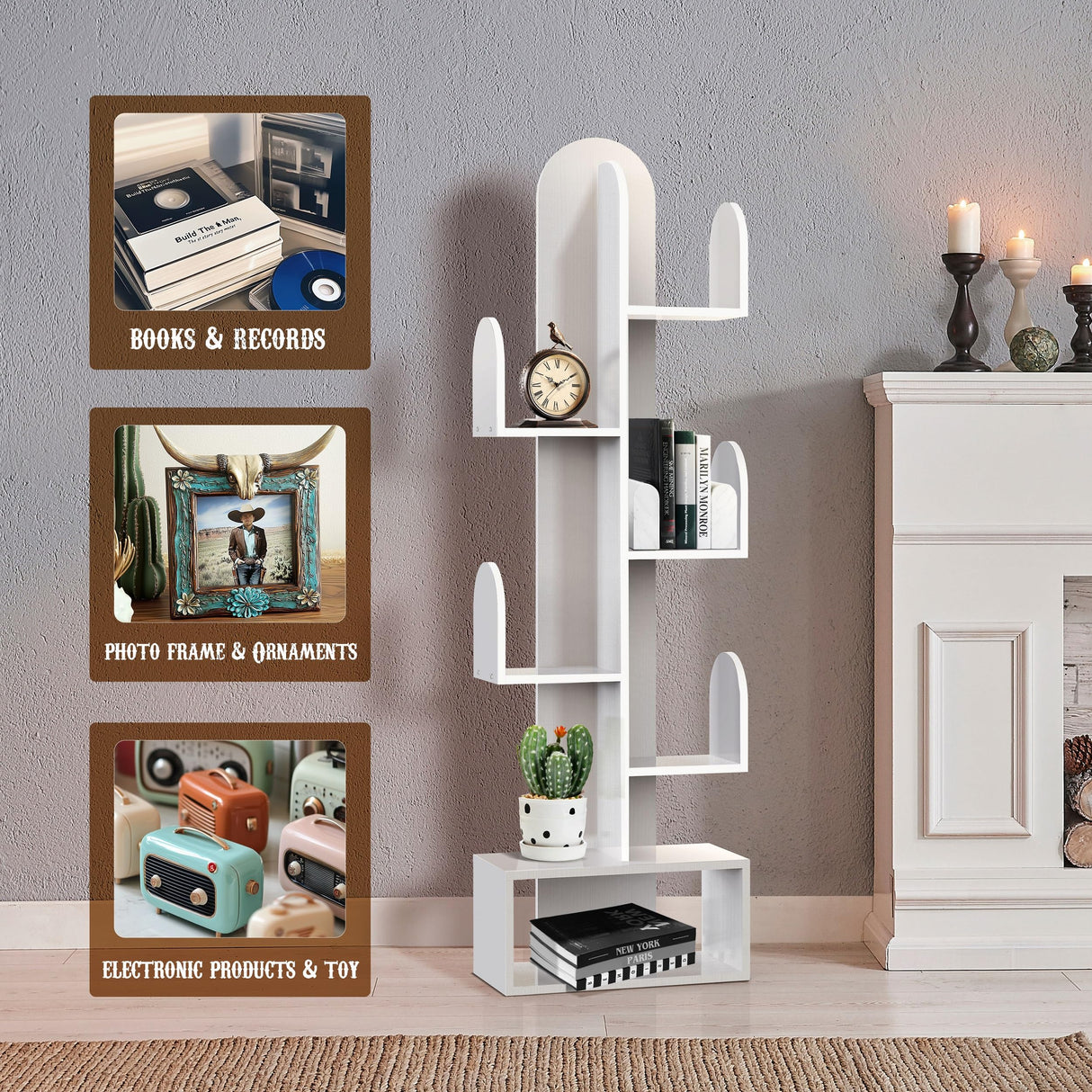 DOZILY Cactus Tree Bookshelf, 5-Tier Wood 50" Tall Book Storage Rack for CDs/Movies/Books, Small Space-Saving Organizer Shelves for Living Room, Bedroom, Home Office (White) DOZILY