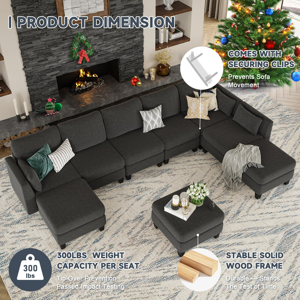 Huatean Home Modular Sectional Sofa, Convertible U Shaped Sofa Couch with High Density Memory Foam, 6 Seat Comfy Modular Sofa Couch for Living Room, Modern U Shaped Sectional Sofa, Dimgrey Huatean Home