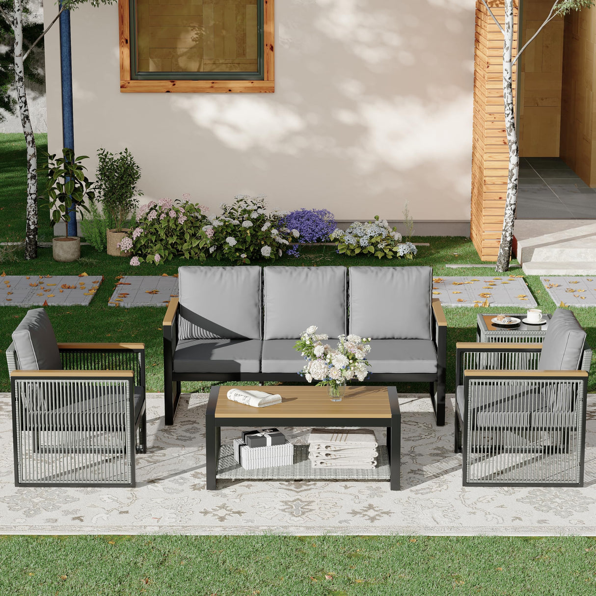 HOMREST Metal Outdoor Patio Furniture Set, 5-Piece Outdoor Sectional Patio Conversation Set with 3-Seat Sofa,Coffee Table,Upgard Cusion for Deck, Lawn,Poolside(Grey) HOMREST