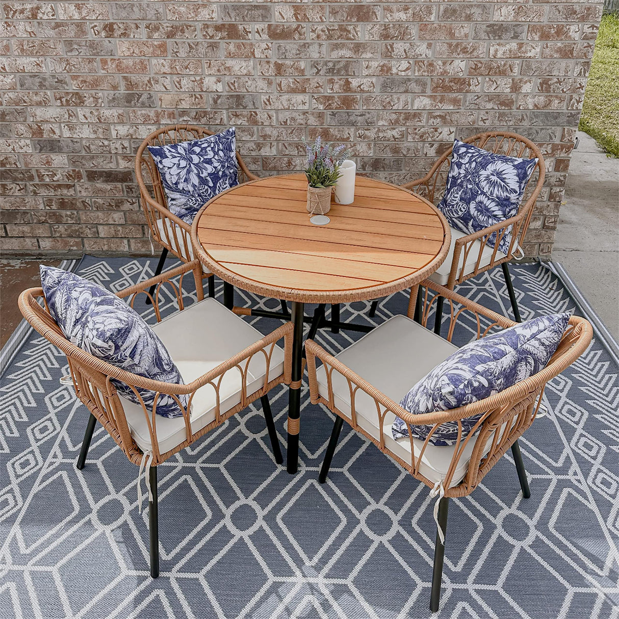 YITAHOME 5 Pieces Outdoor Patio Dining Table Chair Set,Wicker Patio Dining Set,Outdoor Rattan Dining Table Set for Patio, Backyard, Balcony, Garden (with Umbrella Hole) YITAHOME