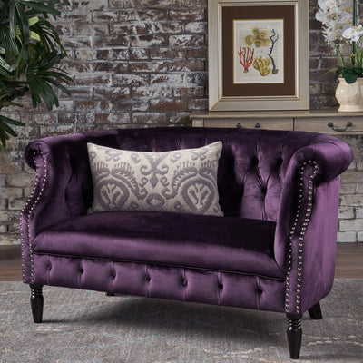 Christopher Knight Home GDFStudio Melaina Tufted Chesterfield Velvet Loveseat with Scrolled Arms, BlackBerry and Dark Brown