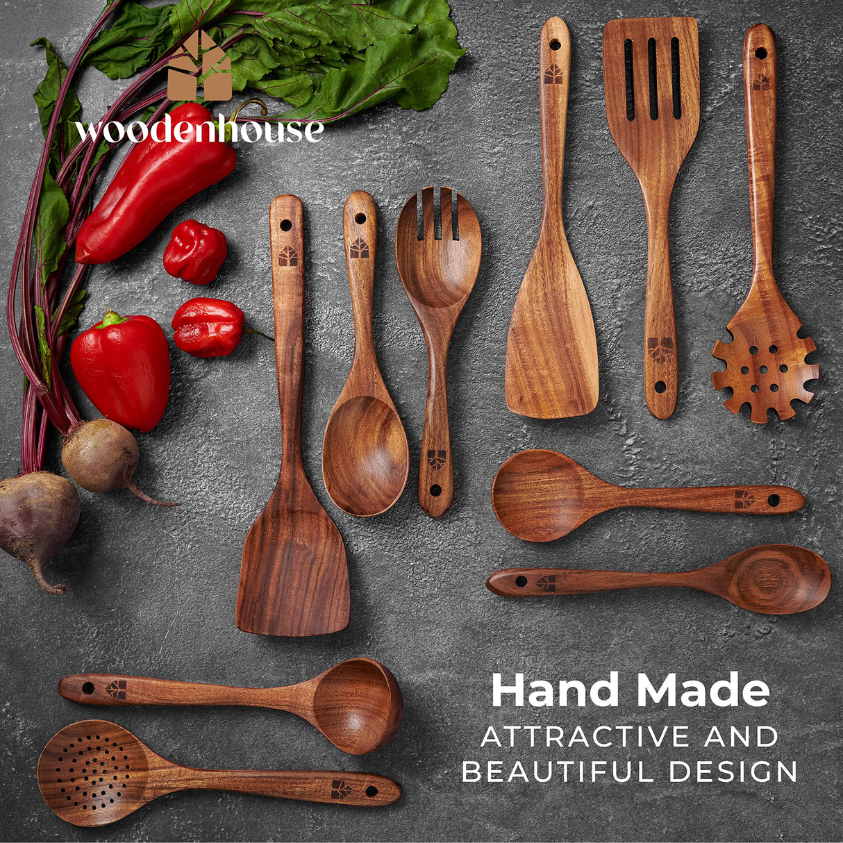 Wooden Spoons for Cooking, 10 Pcs Wooden Cooking Utensils Set – Wooden Utensil Set for Nonstick Pans & Cookware – Teak Wood - Sturdy, Lightweight & Heat Resistant WOODENHOUSE LIFELONG QUALITY
