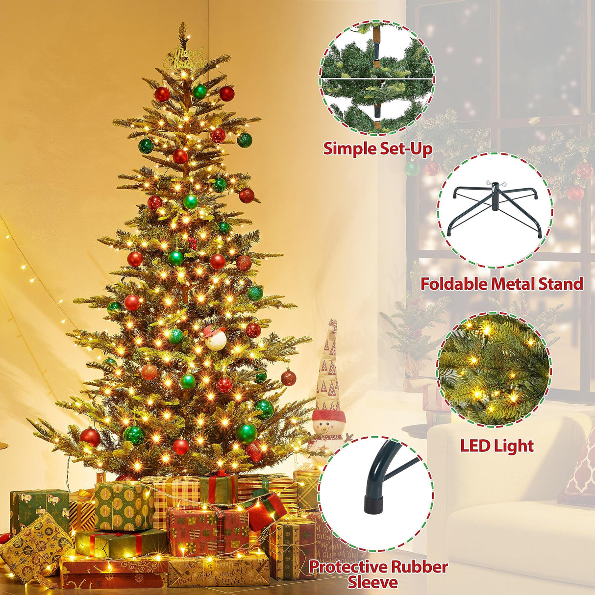 Yaheetech 6ft Pre-lit Aspen Fir Artificial Christmas Tree with 400 Incandescent Warm Lights Full Prelighted Xmas Tree w/828 Branch Tips & Foldable Stand for Home Holiday Decor, Green Yaheetech