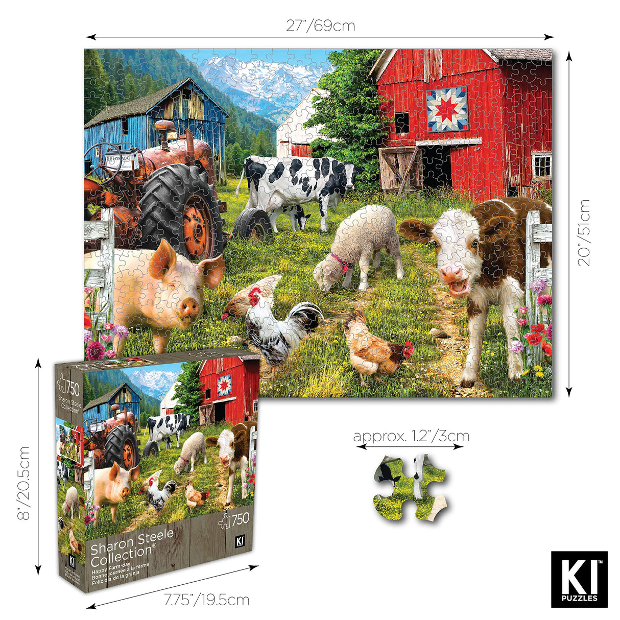 750 Piece Puzzle for Adults Sharon Steele Happy Farm Day, 27x20 inch Whimsical Farm Animal Scene Jigsaw by KI Puzzles KI Puzzles