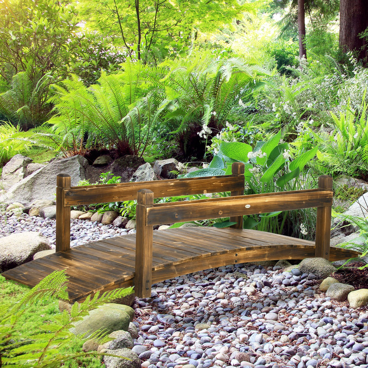 Outsunny 7.5' Wooden Garden Bridge with Planters, Stained Finish Arc Footbridge with Safety Railings for Backyard, Pond Stream, Stained Wood Outsunny