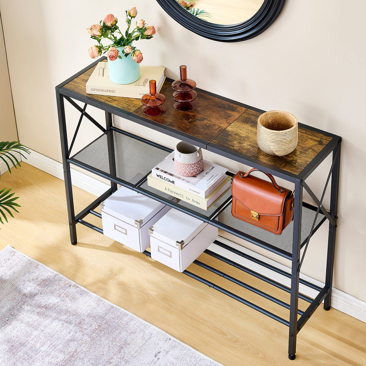 Hoctieon Industrial Console Table, 3 Tier Entryway Table, Hallway Table, Narrow Sofa Table with Shelves, Entrance Table for Entryway, Living Room, Foyer, Hallway, Office, Rustic Brown&Black Hoctieon