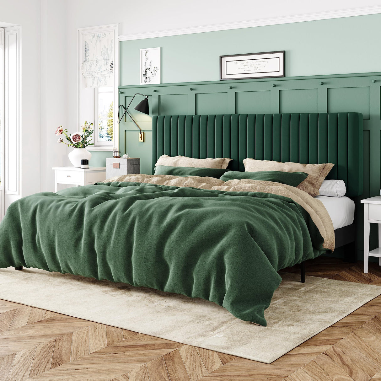 Allewie King Bed Frame, Velvet Upholstered Platform Bed with Adjustable Vertical Channel Tufted Headboard, Mattress Foundation with Strong Wooden Slats, Box Spring Optional, Easy Assembly, Green Allewie