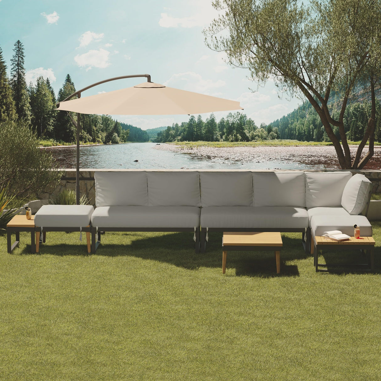 WiberWi 8 Pieces Patio Furniture Set, Outdoor Sectional Sofa Couch with Acacia Wood Coffee Table&Side Table,Modern Metal Outside Conversation Sets for Backyard,Lawn,Garden,Wood Legs,Beige WiberWi