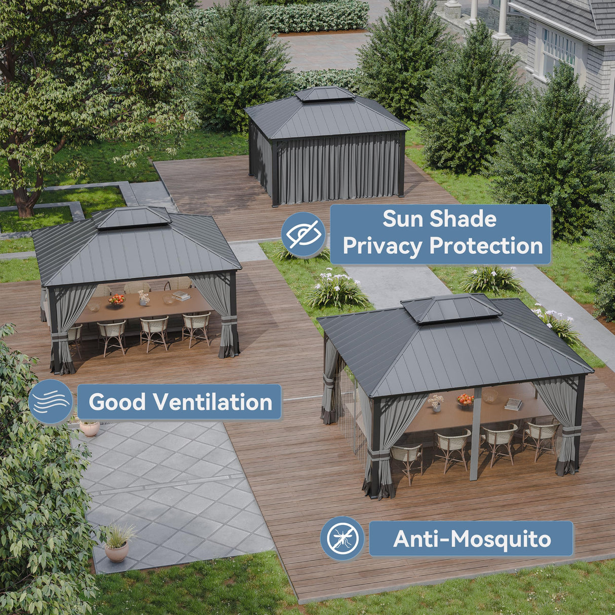 Kurapika 12' x 14' Hardtop Outdoor Metal Gazebo with Galvanized Steel Double Roof Canopy, Curtain and Netting, Aluminum Permanent Pavilion Gazebo, Grey Kurapika