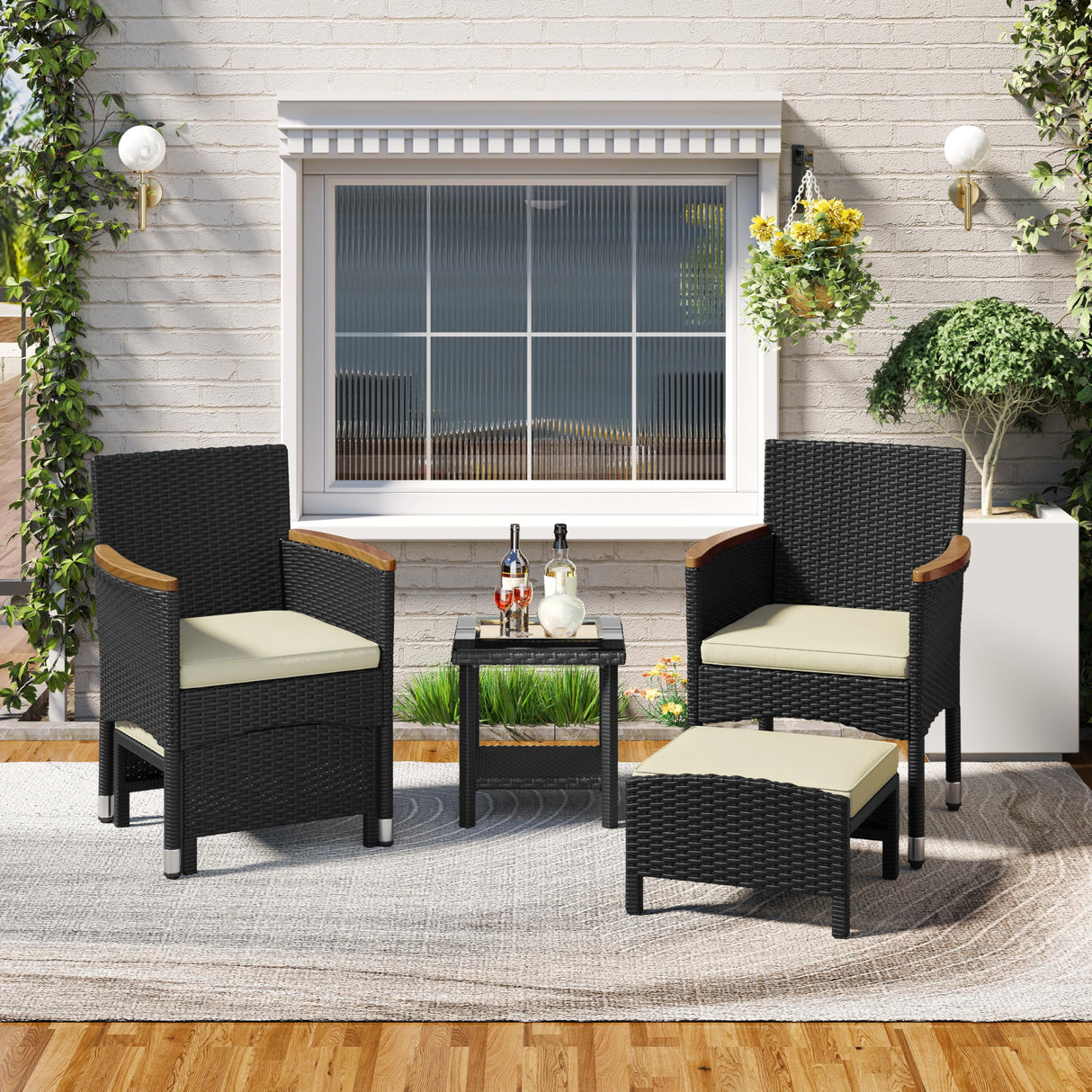 Yaheetech 5 Piece Patio Conversation Set, Outdoor Wicker Bistro Furniture, PE Wicker Outdoor Rattan Chairs Set with Coffee Table for Porch, Poolside, Lawn, Garden, Balcony Yaheetech