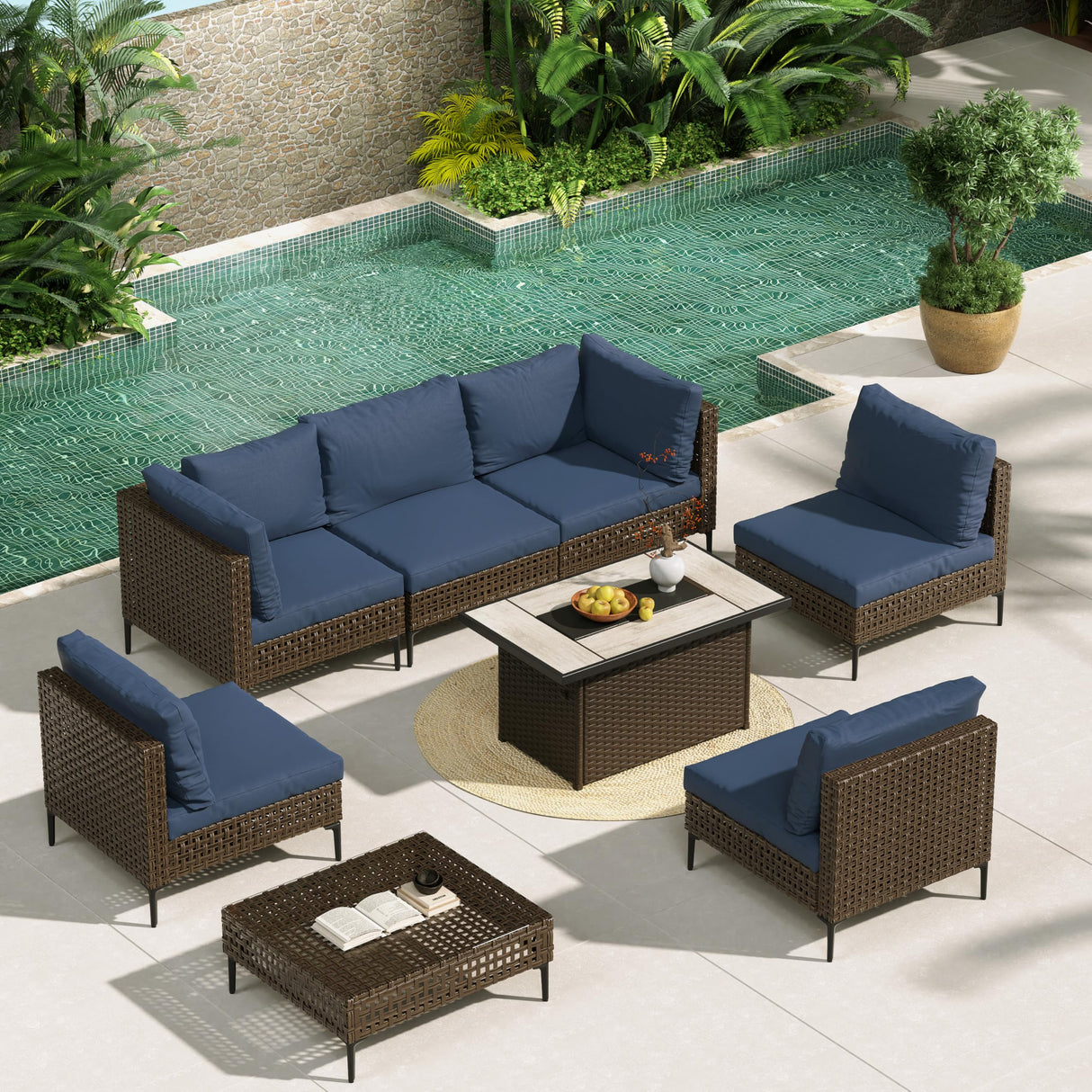 Grand patio 8-Piece Patio Furniture Set with 47" Fire Pit Table, Outdoor Conversation Set & 50,000 BTU 47 Inch Rectangle Propane Fire Pit with Water Resistant Blue Thick Cushions, Brown Grand patio