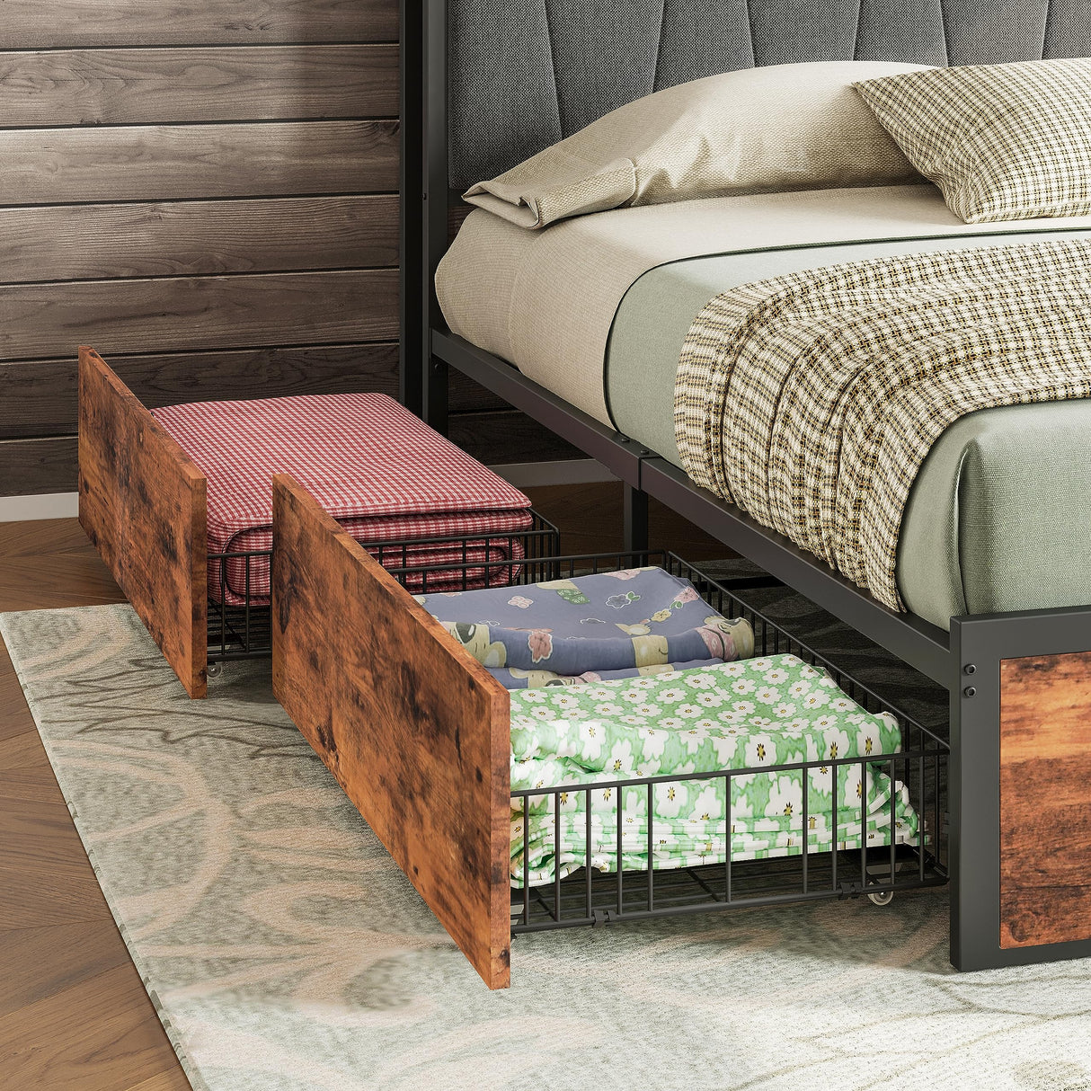 LIKIMIO Vintage Brown Queen Bed Frame with 4 Storage Drawers and Charging Headboard LIKIMIO