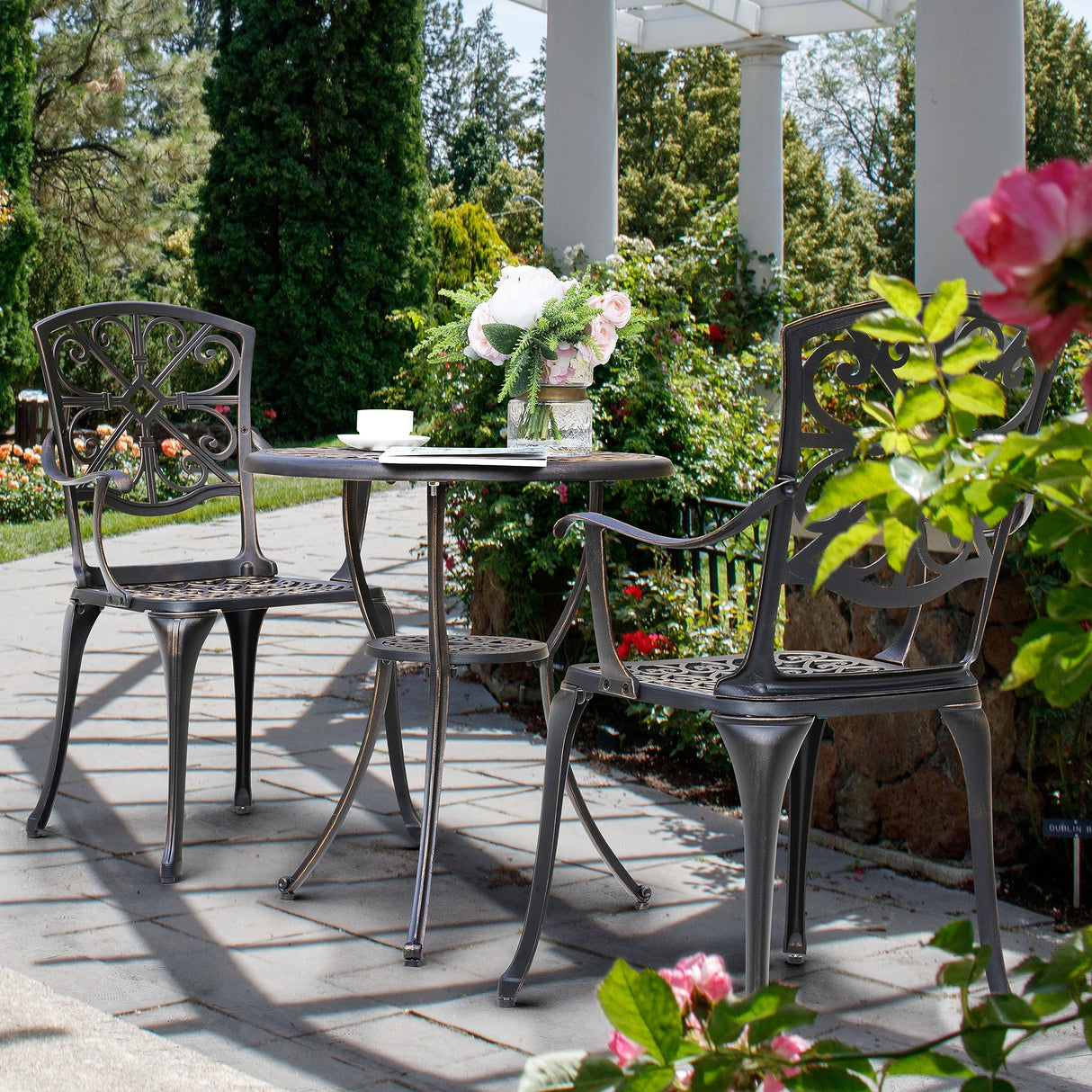 NUU GARDEN 3 Piece Outdoor Bistro Set Cast Aluminum Patio Set Bistro Table Set Rustproof Patio Table and Chairs with Umbrella Hole for Backyard, Balcony, Front Porch, Black NUU GARDEN