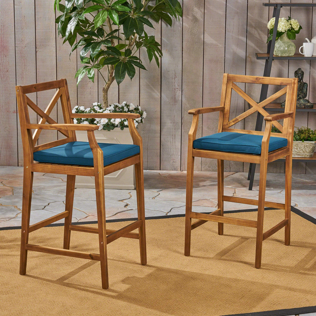 Christopher Knight Home Logan Outdoor Acacia Wood Barstool, Teak Finish/Blue Christopher Knight Home