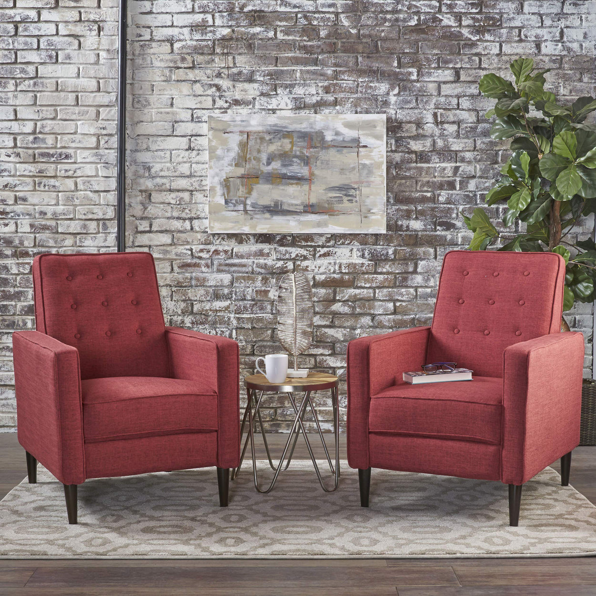 Christopher Knight Home GDFStudio Christopher Knight Home Mervynn Mid-Century Modern Fabric Recliners, 2-Pcs Set, Red / Dark Espresso Christopher Knight Home