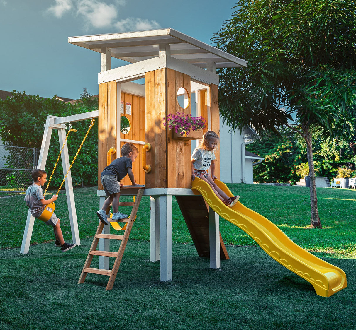 Avenlur Modern Outdoor Backyard Swing Set Children's Rock Climbing Wood Playground Playset 2 Belt Swings, Clubhouse Fort, Windows, Ladder, Wavy Slide Toddlers, Kids Climbers Play Adventure Rock 3-11yr Avenlur