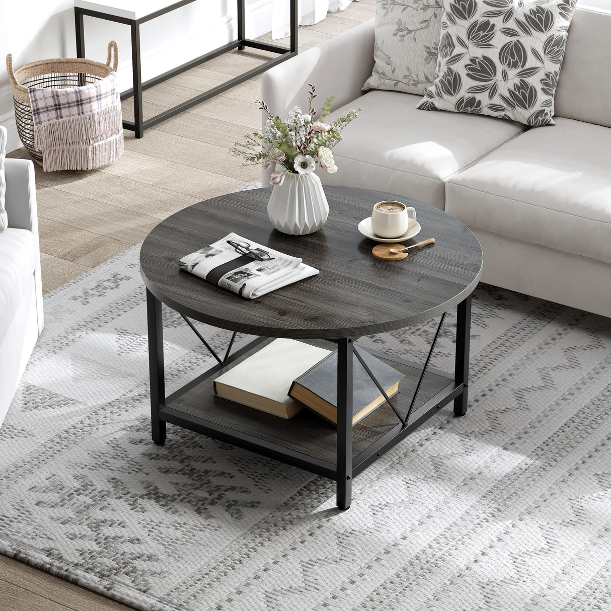 YITAHOME Coffee Tables for Living Room, Round Small Coffee Table with Storage, 2 Tier Modern Coffee Table, Wood Circle Center Table with Metal Frame, Dark Grey YITAHOME