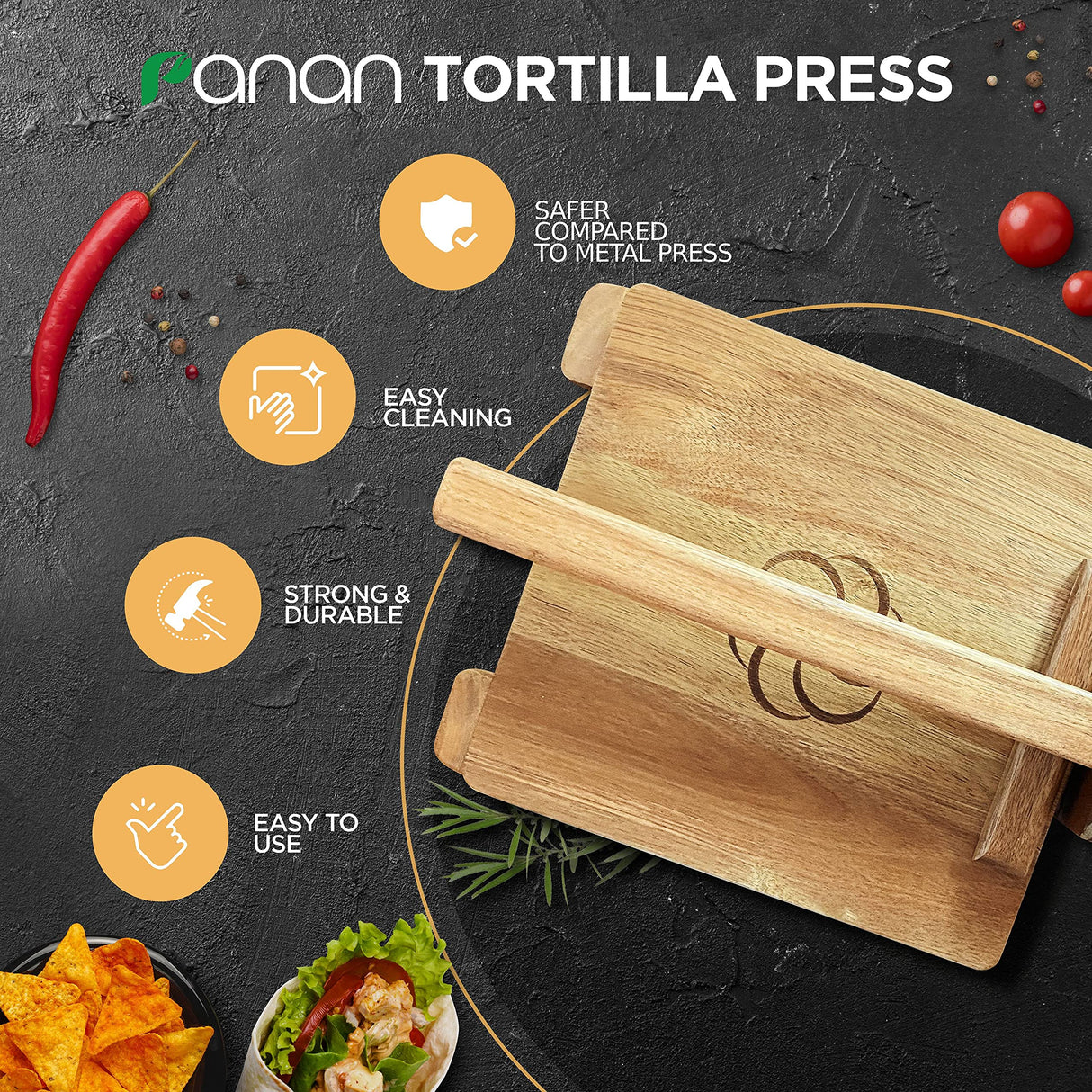 panan Wooden Tortilla Press Mexican Tortillera Presser Made from Natural Food-Grade Acacia Wood - Large Wood Pataconera with 50 Pieces Parchment Paper, Dough Cutter and Recipes eBook (Square 10") panan