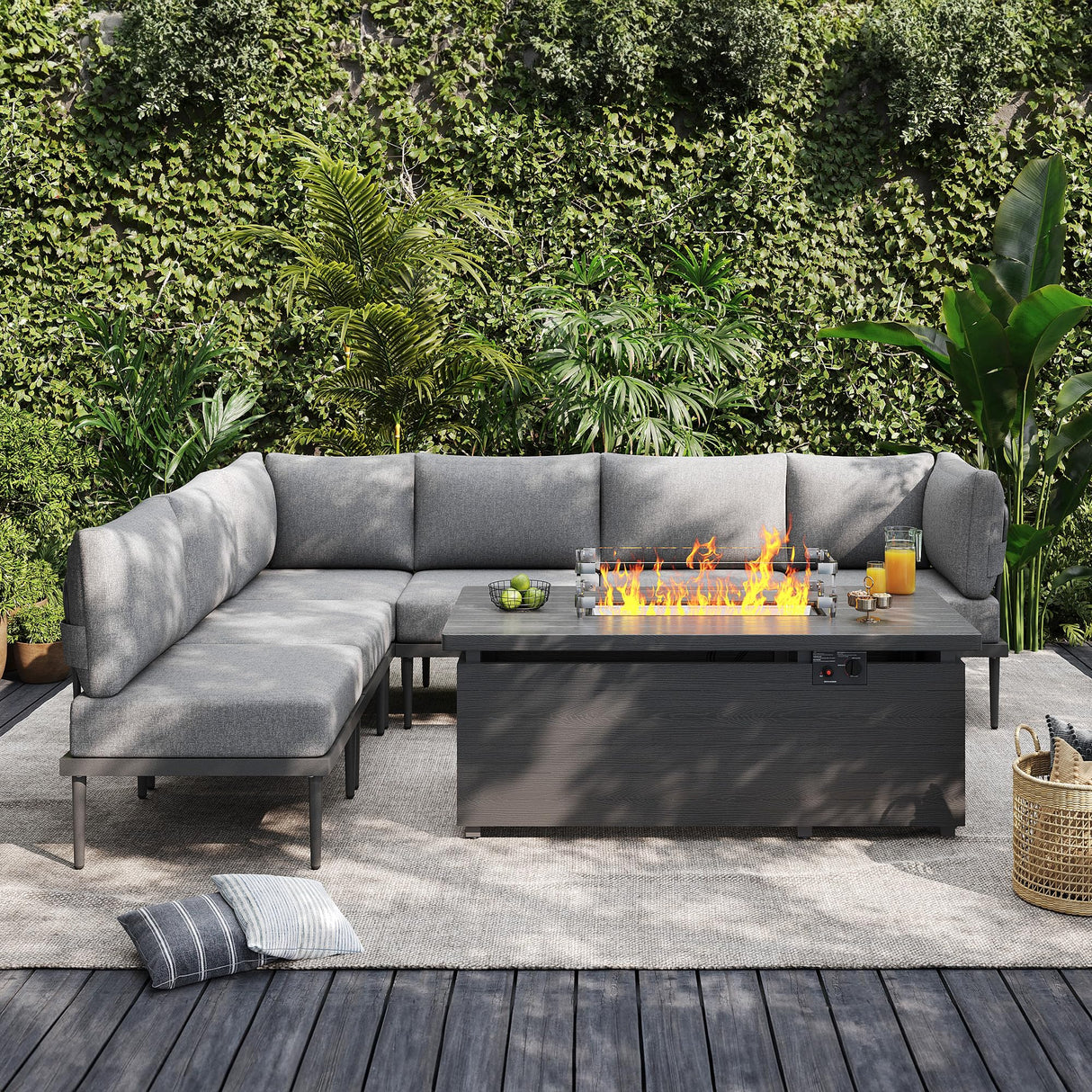 Sundale Outdoor 7 Pieces Metal Patio Furniture Set with Fire Pit Table, Outdoor Sectional Sofa w/6 Inch Olefin Cushion, Modern Outdoor Conversation Sets Sundale Outdoor