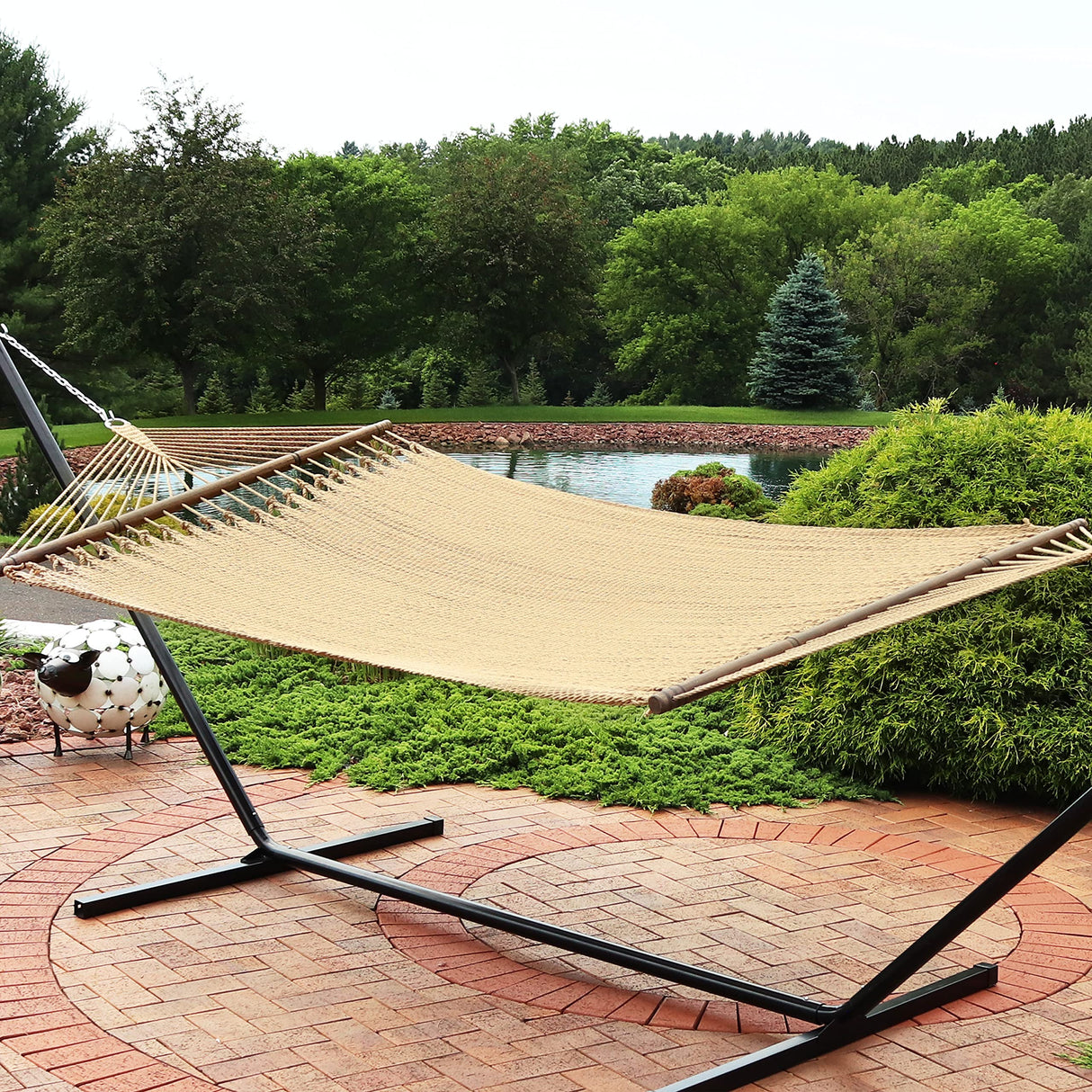 Sunnydaze Soft-Spun Polyester Rope Double Hammock for Outside - 600-Pound Weight Capacity Extra Large Hammock - Tan Sunnydaze