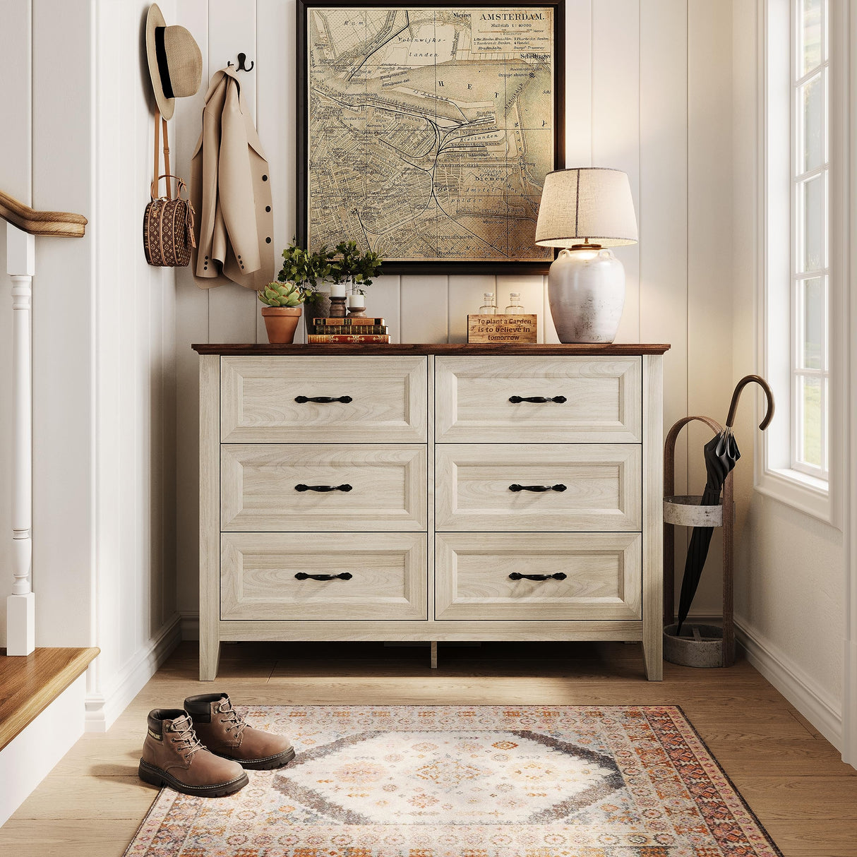 LINSY HOME Farmhouse 6 Drawers Dresser, White Wood Dresser for Bedroom Wide Chest of Drawers, French Country Storage Double Dressers Organizer for Bedroom, Living Room LINSY HOME