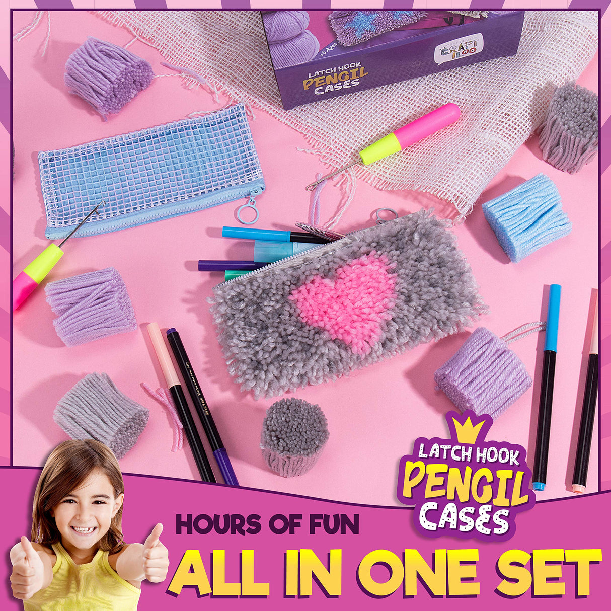 CRAFTILOO DIY 2 Rug Pencil Cases Latch Hook Kits for Kids Sewing Set for Girls Beginners Latchkits Ages 8-12 CRAFTILOO