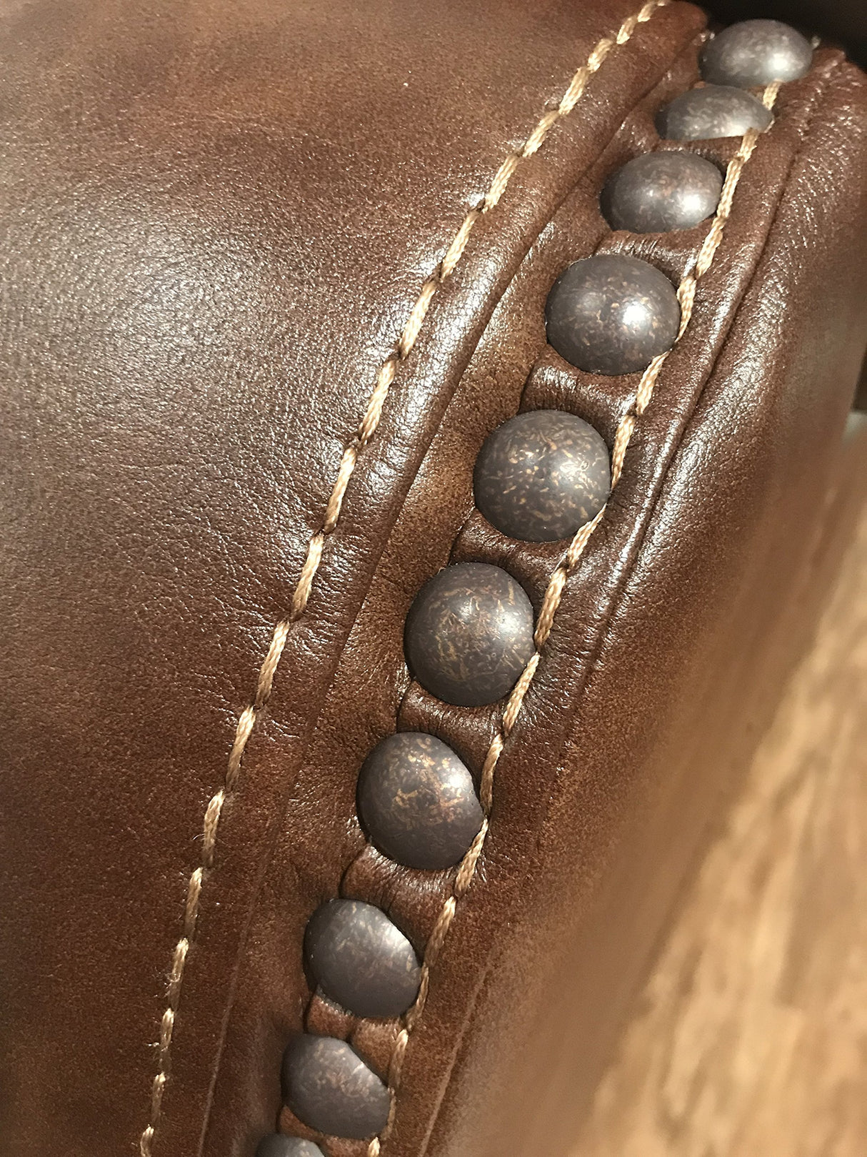 Roundhill Furniture Achern Brown Leather-Air Nailhead Manual Reclining Sofa and Loveseat with Storage Console and USB Port Roundhill Furniture