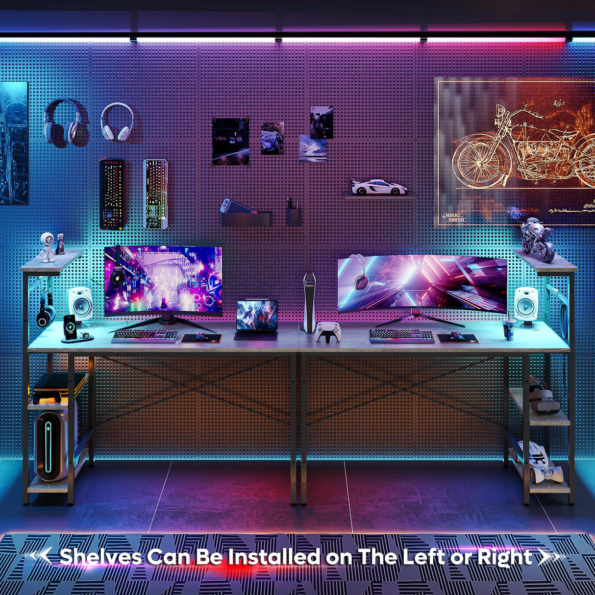 Bestier Gaming Desk with LED Lights, Computer Desk with 4 Tiers Reversible Shelves, 51.3 Inch Home Office Writing Desk with Side Storage Bag, Hooks and Height Adjustable Shelf (Retro Grey Oak) Bestier