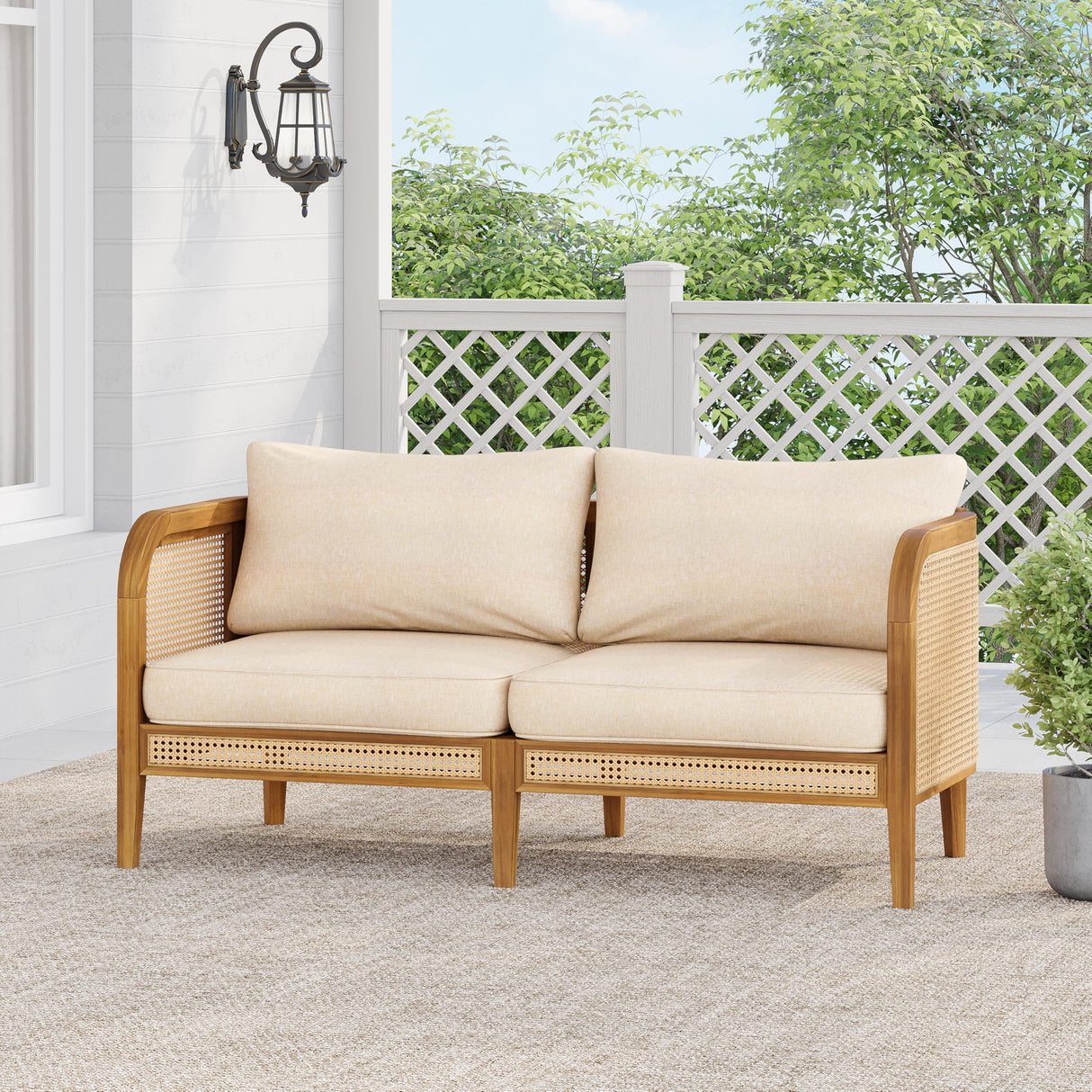 Christopher Knight Home Tilden Acacia Wood Outdoor Loveseat, 2-Seater Patio Furniture Sofa with Wicker Accent, Wooden Patio Sofa Couch with Armrest+Cushions, Comfy Lounging/Reading Chair, Teak+Beige Christopher Knight Home