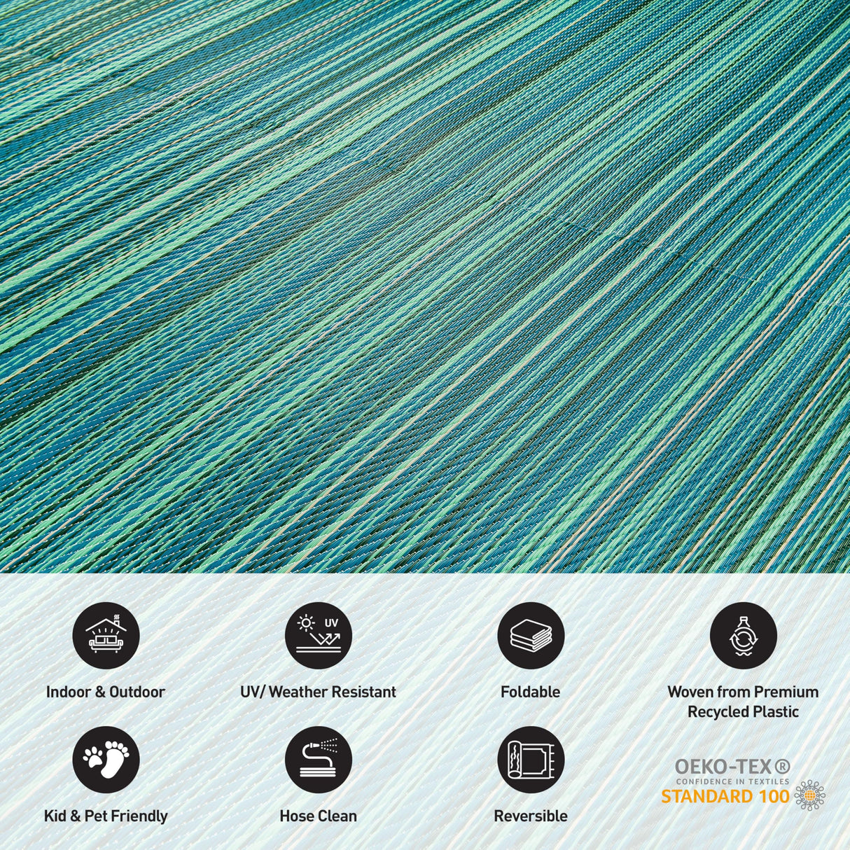 Rugshop Contemporary Stripe Reversible Foldable Waterproof Premium Recycled Plastic Outdoor Rugs for Patio,Backyard,RV,Deck,Picnic,Trailer,Beach,Camping Rug 6' X 9' Blue Rugshop