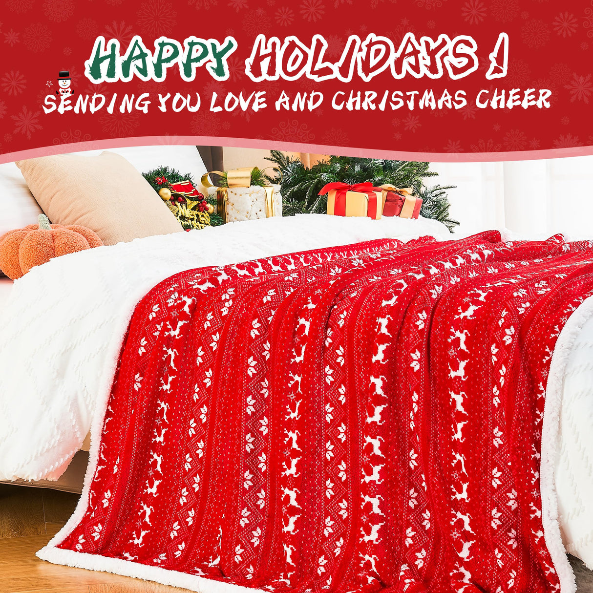 Ramees Christmas Throw Blanket, Christmas Decorations Blankets and Throws, Fuzzy Cozy Soft Warm Fleece Sherpa Winter Holiday Blanket for Bed Couch Sofa Reindeer Snowflakes Ramees