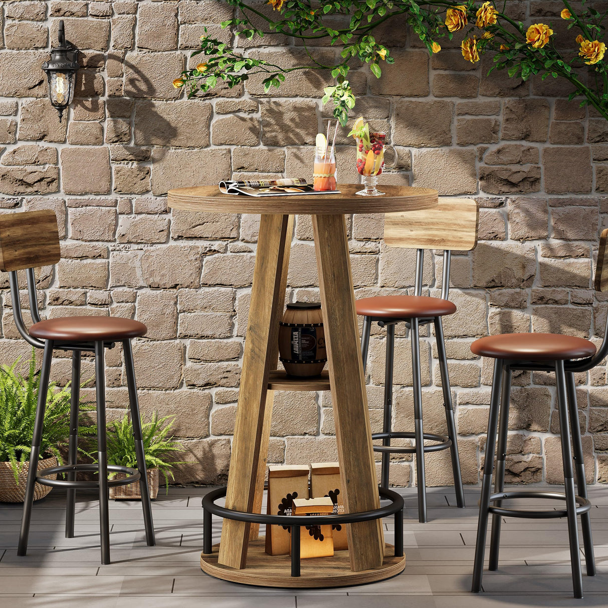 Tribesigns Round Bar Table, 39.4" H High Top Bistro Table with Storage, Industrial Cocktail Pub Tables with Metal Footrest for Living Room, Barroom, Small Space, Rustic Brown(Only Table) Tribesigns