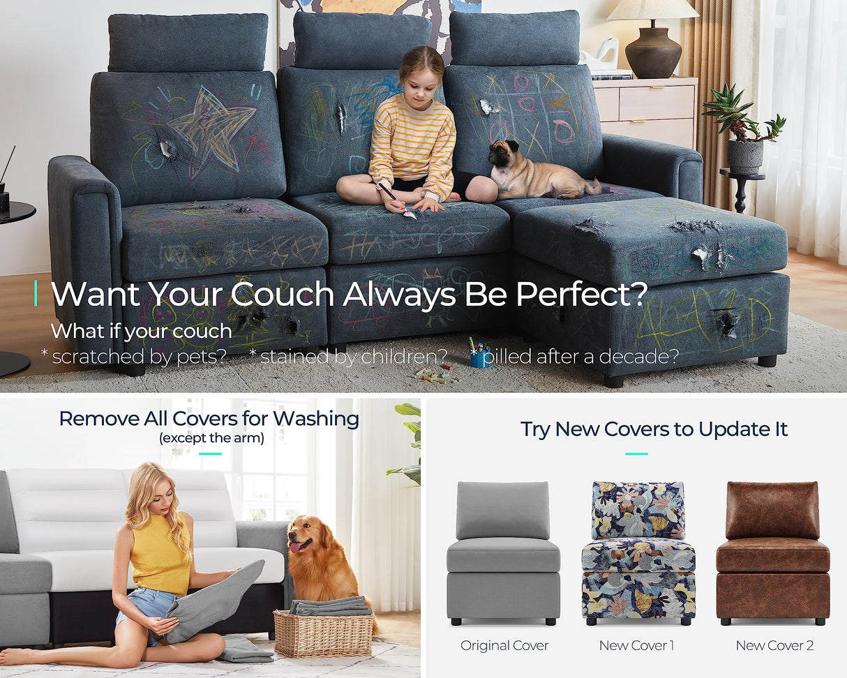 LINSY HOME Modular Sectional Sofa, Upgraded High Back Sectional Couch with 4 Headrests, U Shaped Sleeper Sofa with Storage, Sofa Covers Removable, 6 Seat Couch with Ottoman for Living Room, Grey LINSY HOME