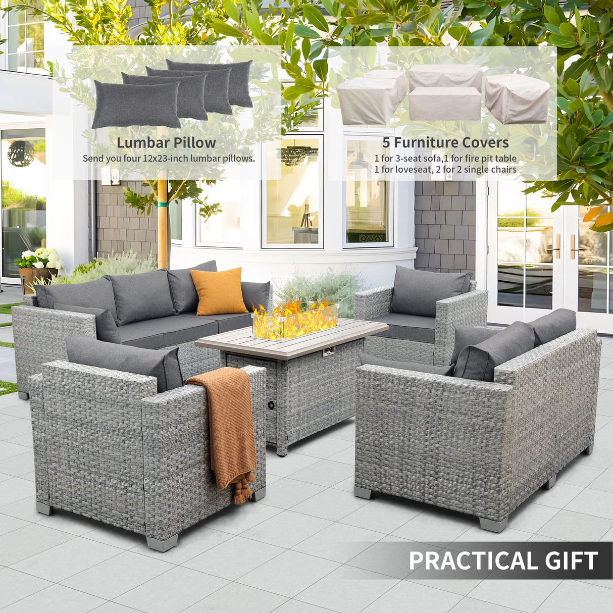 WAROOM Patio Furniture Set 5 Piece Grey Wicker Outdoor Furniture with Fire Pit Table, Patio Sectional Sofa Couch Sets Backyard Deep Seating PE Rattan Chairs, Grey Cushion WAROOM